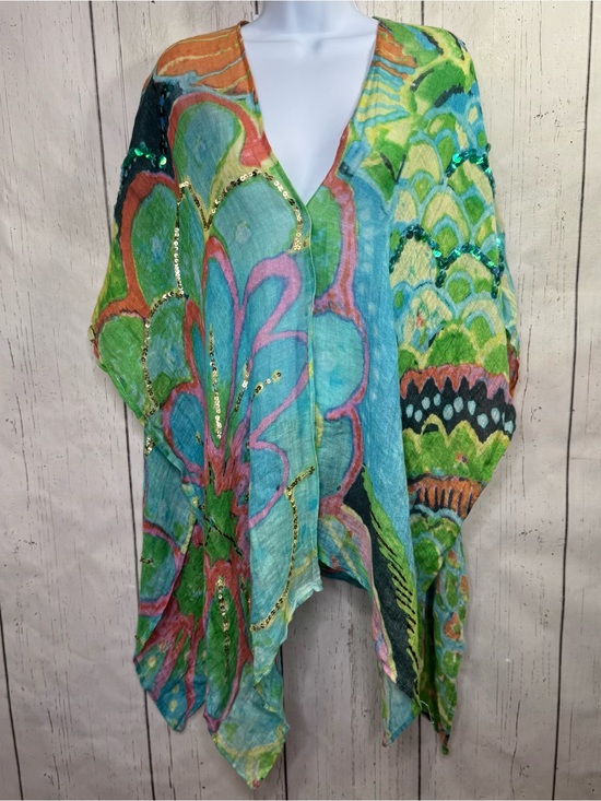 Chico's Other - Chicos Multicolor Linen Sequin Embellished Kimono Cover Up Boho Art To Wear